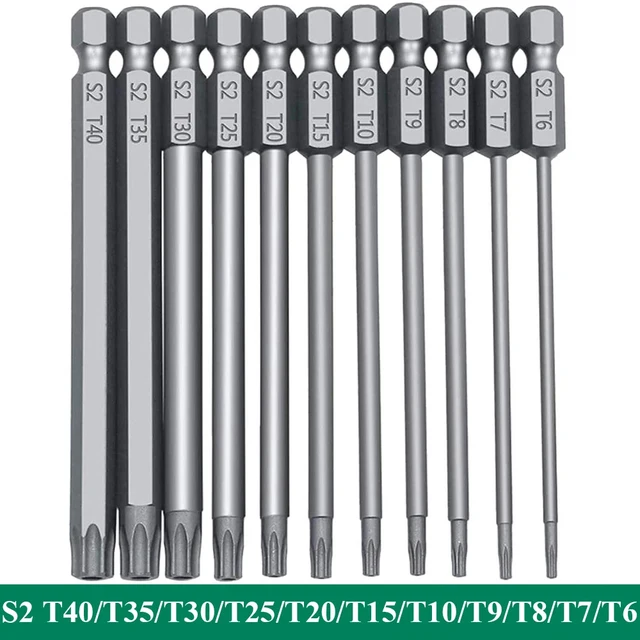 11 SZTUK Zestaw wkrętaków z łbem Torx Magnetyczny chwyt sześciokątny 1/4" S2 Stalowe wiertła o długości 3 cali Bezpieczne wiertła Torx T6-T40 50/100 mm