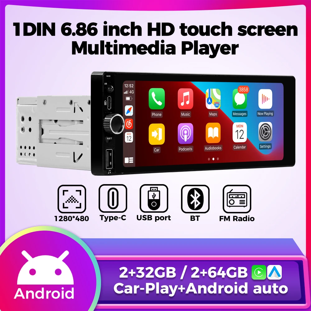 

1DIN 6.86-inch Universal Audio HD Touch Screen MP5 Car Radio Carplay Android Auto Multimedia Player Intelligent System FM Stereo