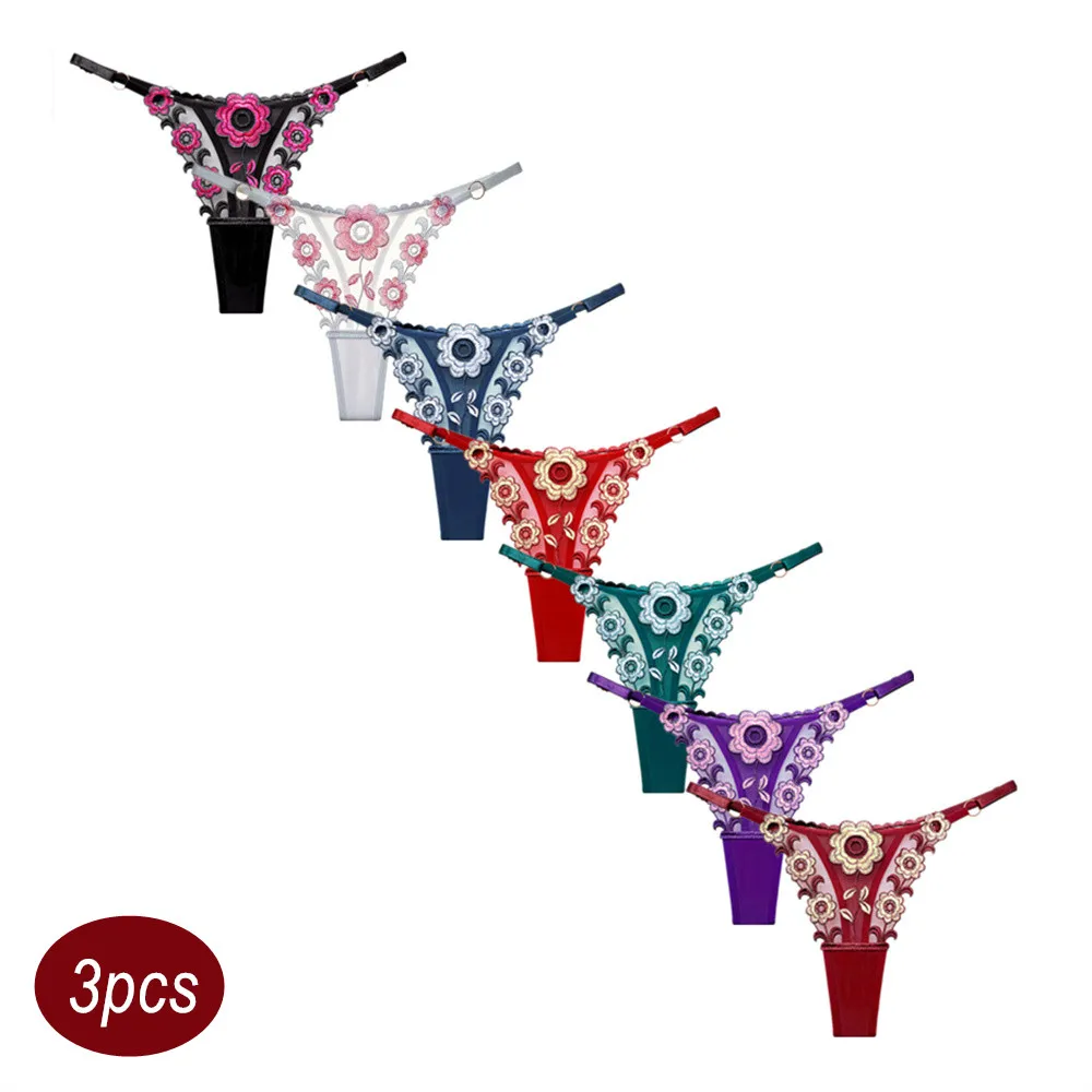 

3 шт., милые горячие девушки, вышитые цветы, стринги, нижнее белье с регулируемой талией, контрастные цвета, женские стринги, облегающее сексуальное нижнее белье