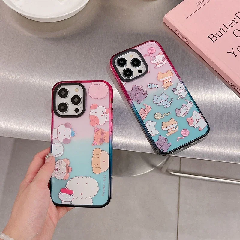 

Gradient Cartoon Cat and Dog Border Phone Case Cover for IPhone 11 12 13 14 15 Pro Max Case for IPhone 15 Pro Max