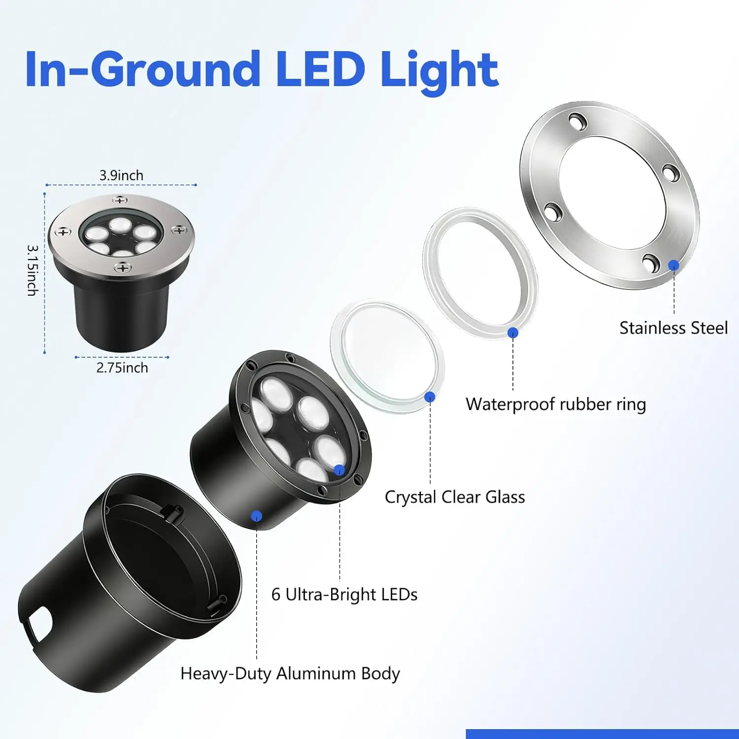 Low Voltage Landscape Lights, 6W IP67 Waterproof, In-Ground Lights with Wire Connectors for Pathway, Deck, Patio, Yard, Garden