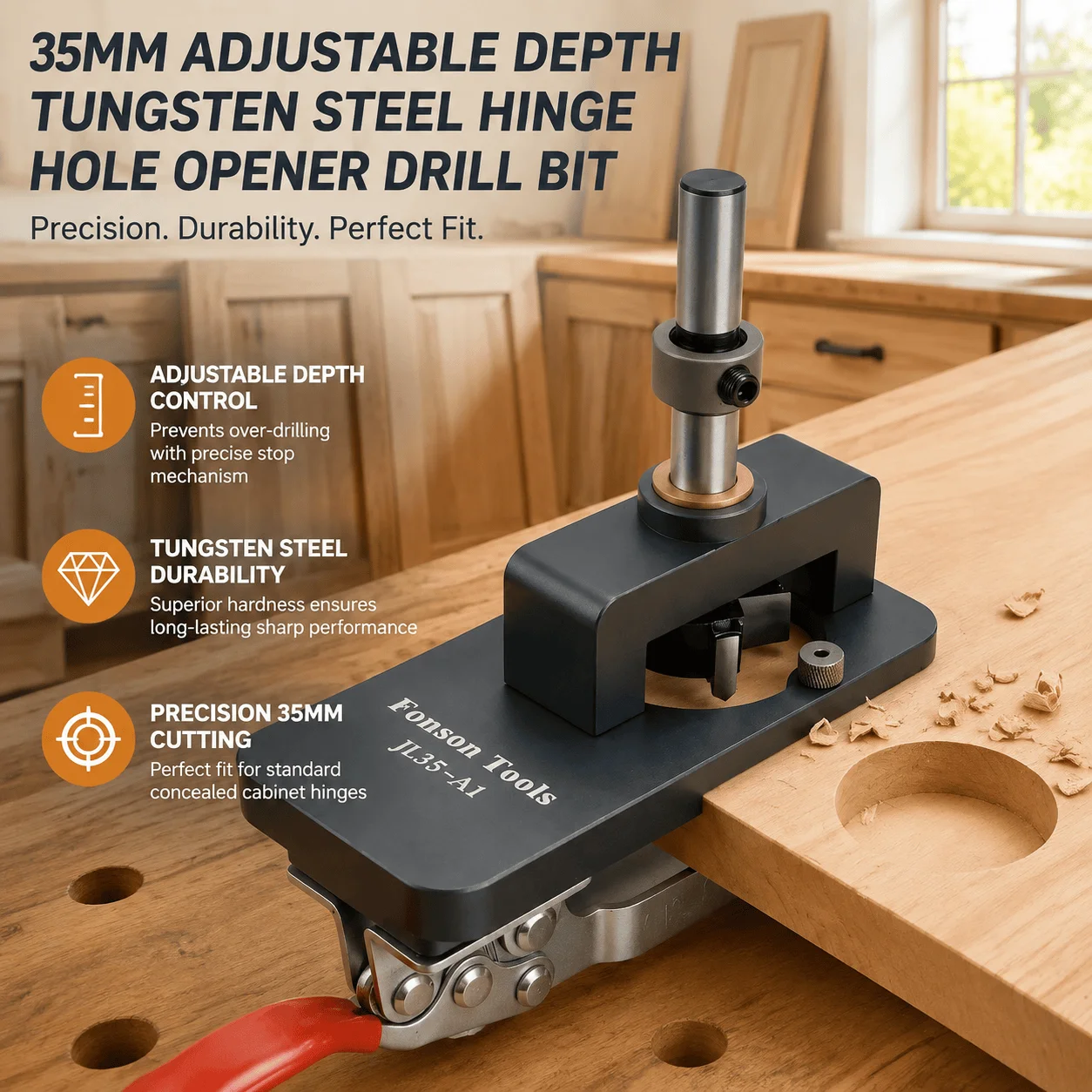 35mm Hinge Drill Bit Cabinet Hinge Jig Woodworking Hole Opener Concealed Hinge Cutter With Adjustable Depth Stop Tungsten Steel Forstner Bit Furniture Installation Tool DIY Cabinet Hardware Kitchen Wardrobe Door Boring Guide Template Professional Accurate
