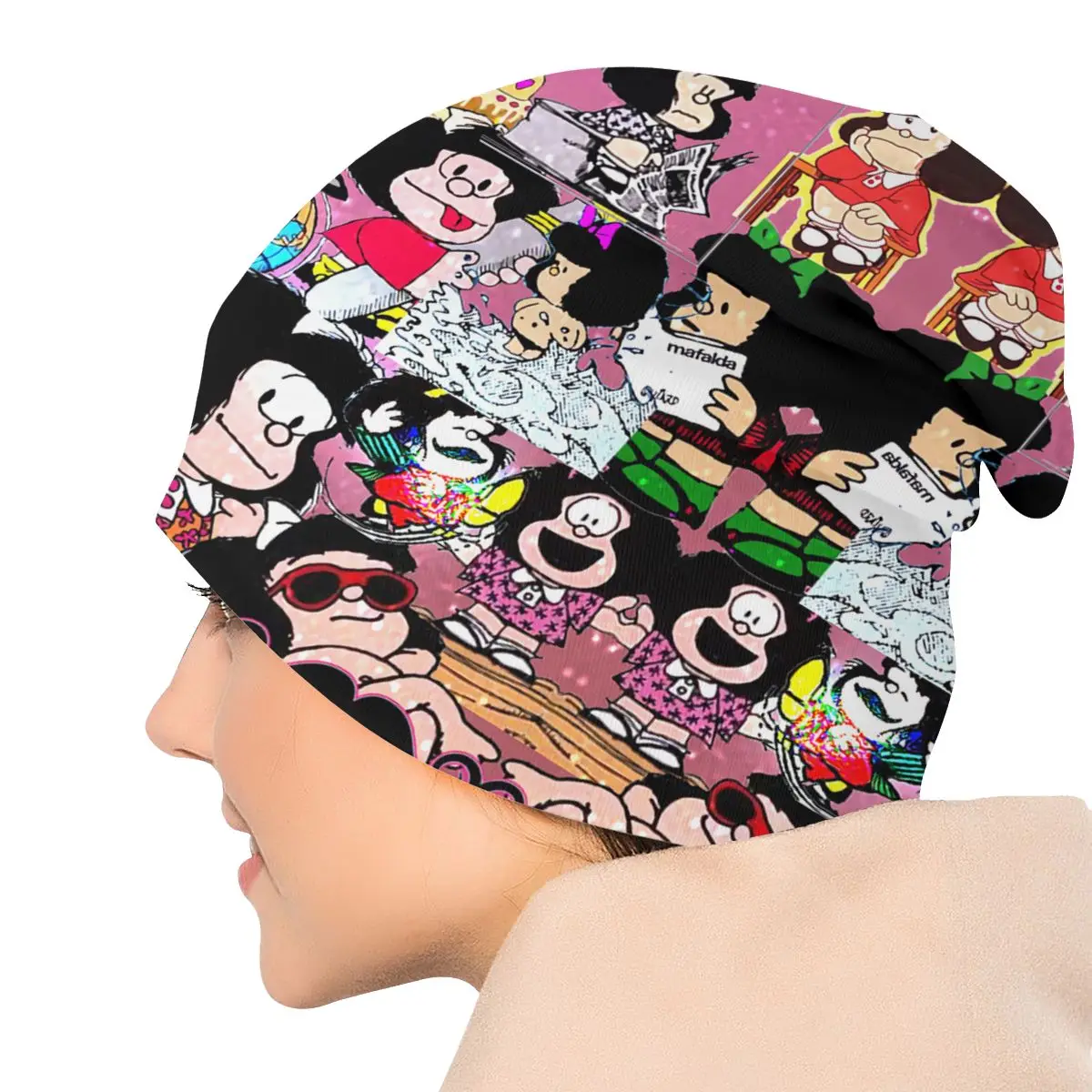 Vintage Mafalda Collage Bonnet Beanie Knitting Hat Men Women Cartoon Manga Quino Comic Warm Winter Skullies Beanies Caps for Ski