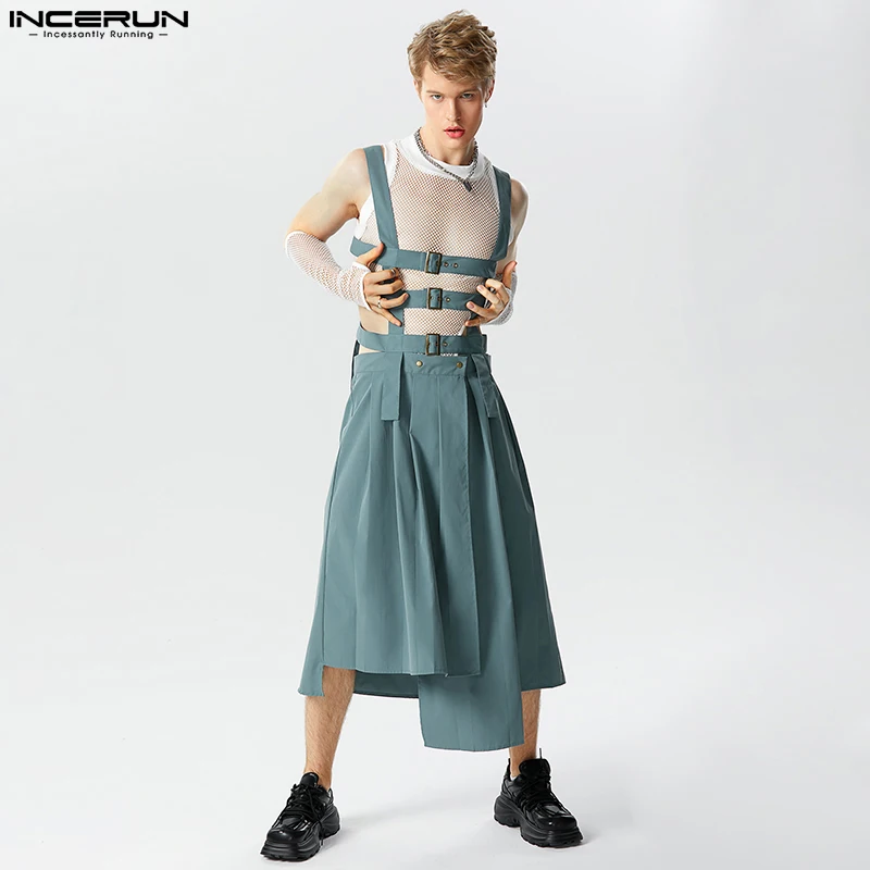 

INCERUN 2024 American Style Men's Pleated Design Skirts Pants Stylish Male Irregular Hem Solid Straps Half Skirt Jumpsuits S-5XL