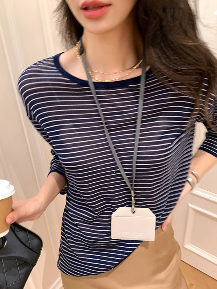 Summer Women\'s Long Sleeve Knit T-shirt Ultra Thin Sun Protection Micro Transparent Round Neck Top 100% Lyocell Striped Jumper