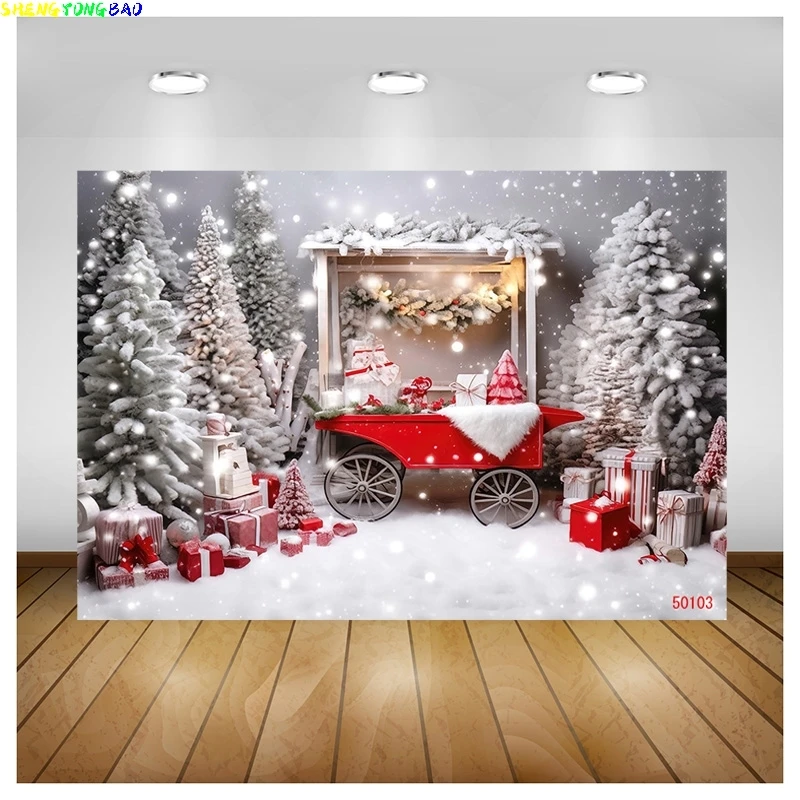 

Vinyl Custom Colorful Christmas Cute Hot Cocoa Table Party Photography Backdrops Snow Forest Pine Trees Studio Background WW-69