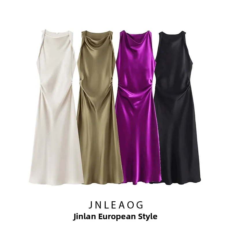 Vestido Midi de Seda Satinada Faionável JNLEAOG, Roupas Fenas, Design Versátil, Novo Estilo de Outono, Vestido Tubo Sim...