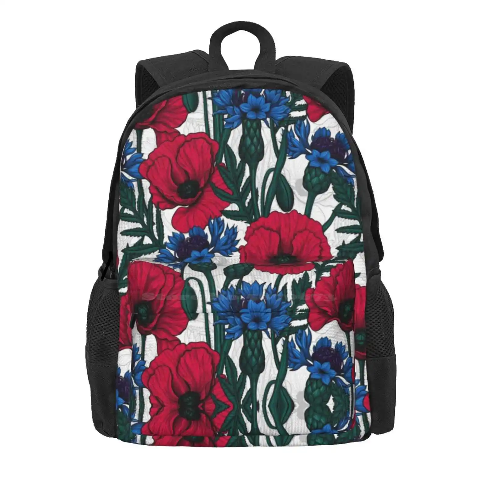 Red Poppies And Blue Cornflowers On White Hot Sale Schoolbag Backpack Fashion Bags Poppy Cornflower Leaves Floral Botanical