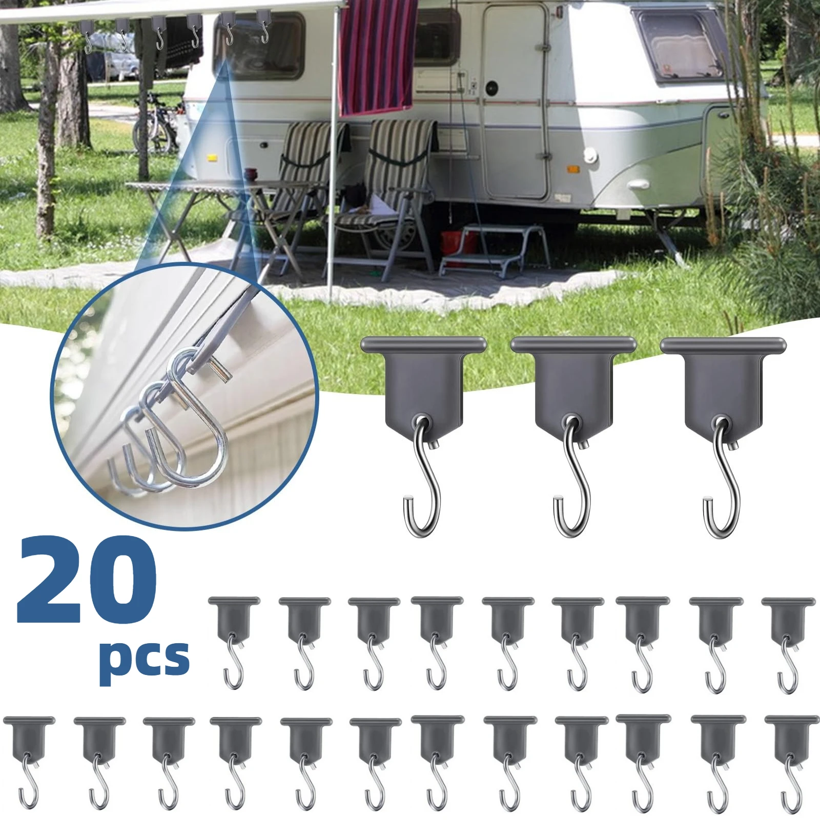 20 PCS RV Awning Hooks for Lights Camping Awning Accessory Hangers Plastic Metal S Shaped Gray Hooks Camper Light for Tent