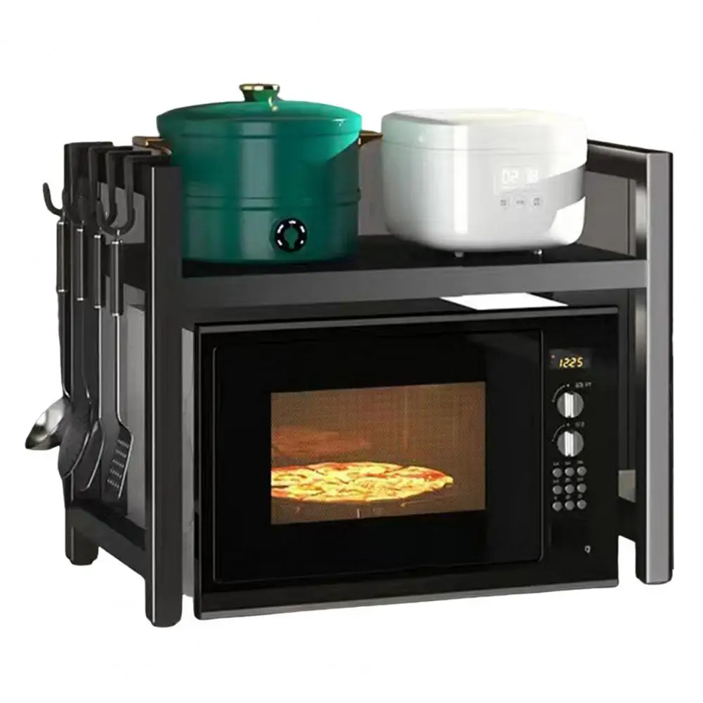 Estante para horno microondas, estante ajustable para microondas con 6 ganchos para encimera de cocina, estante para horno extensible con fuerte