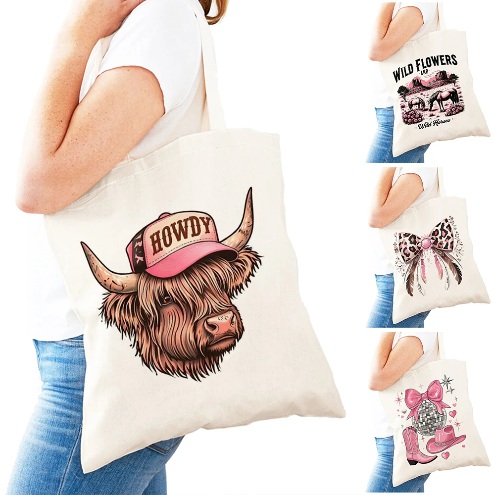 

Fashion Highland Cow Lady Daily Use Shoulder Handbag Lightweight Western Themed Women Shopping Bag Leopard Bow Girl Shopper Bags