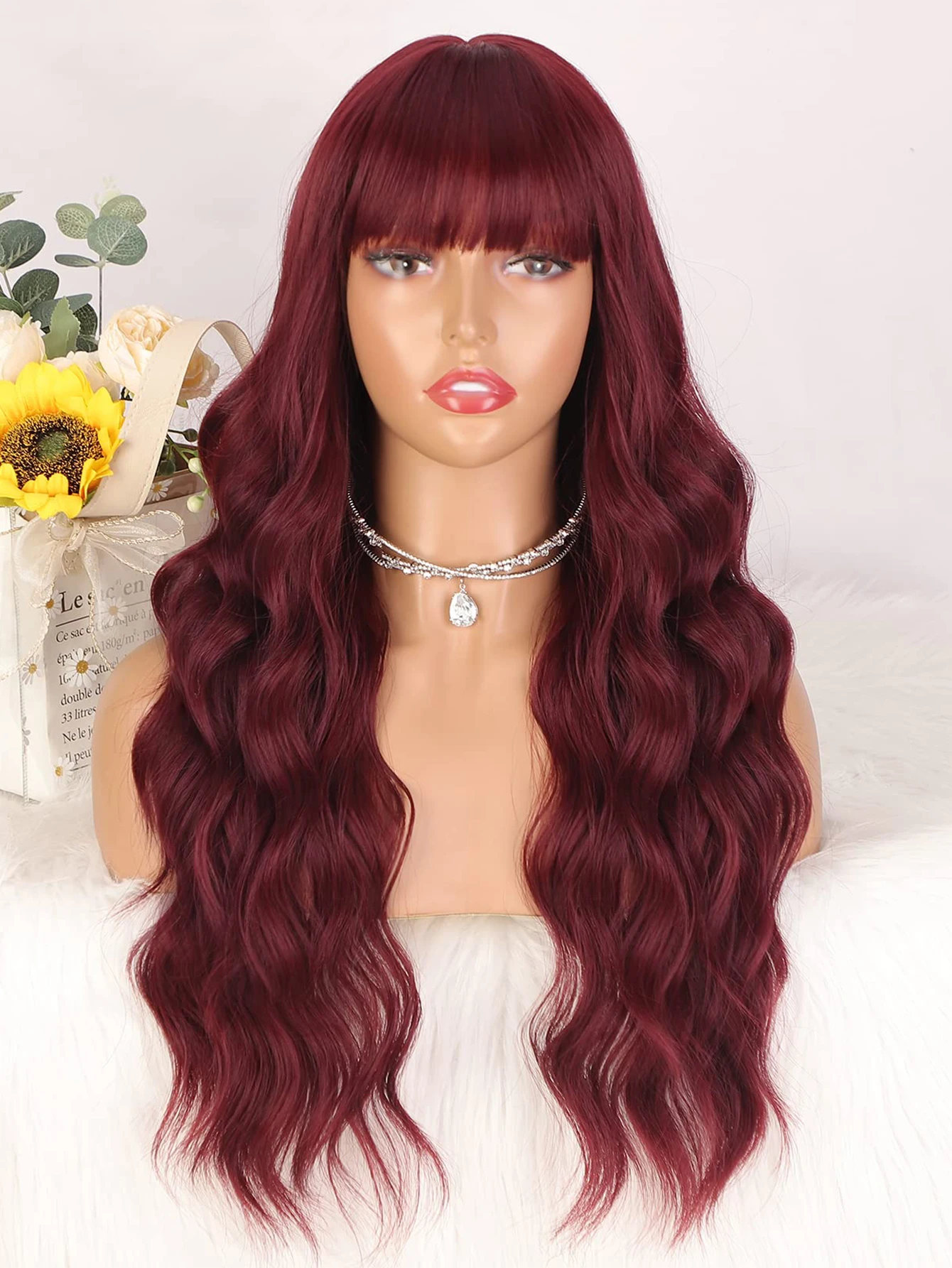 OLACARE Red Synthetic Wigs Long Body Wavy Wig Natural Hairline Daily Red Hair Heat Resistant Fiber Smooth Party Cosplay Wig