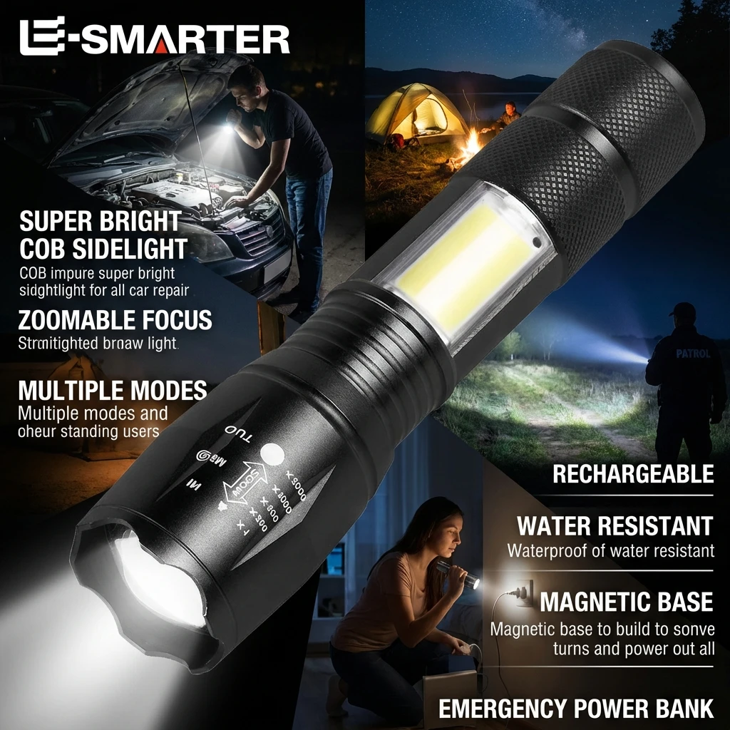 Leistungsstarke Helle LED-Taschenlampe Zoombar Aluminiumlegierung Camping-Fackel Outdoor Angeln Wasserdichte Taschenlampen mit COB-Seitenlicht