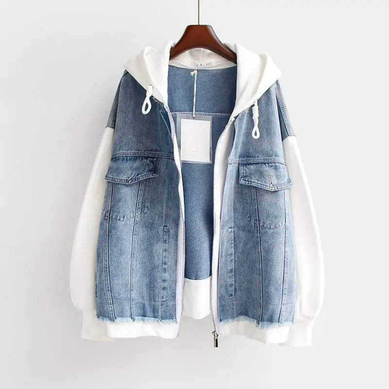 Fake Two-piece Denim Hoodies Coat Women Spring Autumn Trend Cardigan Hoodie Casual Loose Hooded Baseball Jacket Streetwear Woman