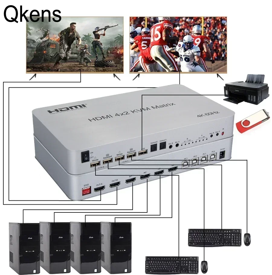 4K 60Hz 4x2 HDMI KVM Matrix Audio Video Switch Splitter 5 USB Support USB U Flash Disk Printer Keyboard Mouse Control Laptop PC