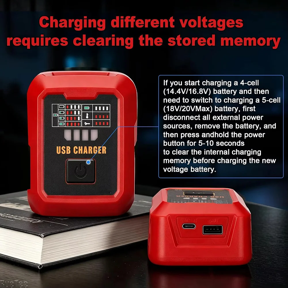 100W Battery Converter Hub, Dual USB‑A USB‑C Output, Compatible with 18V Milwaukee Makita Dewalt Bosch Tool Batteries 6