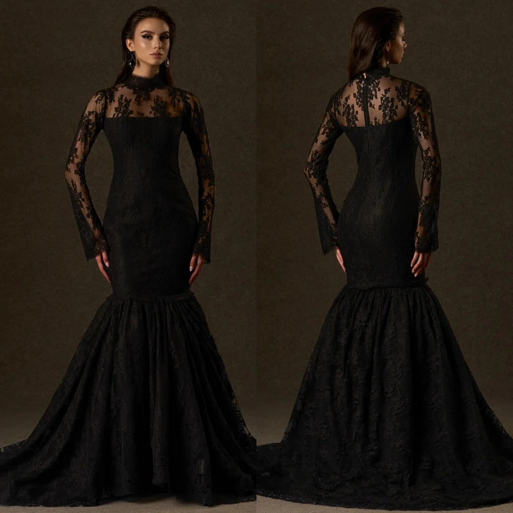 

Customized High Quality Formal Lace Ruched Pleat Mermaid High Collar Long Dresses Bespoke Occasion Dresses Sizes Available Sexy