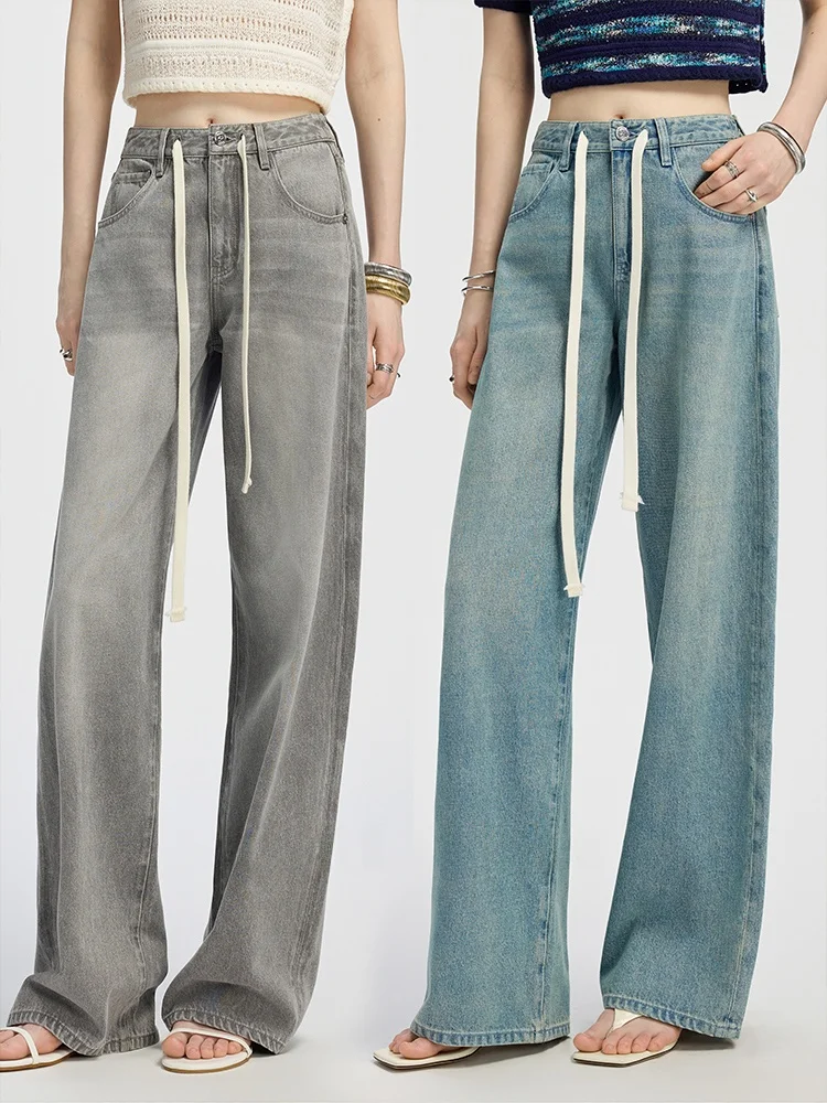 

SVLI Casual Washed out Wide Leg Denim Jeans Drawstring Trousers Color Block Cotton Blue Ladies Loose Fit Spring Summer