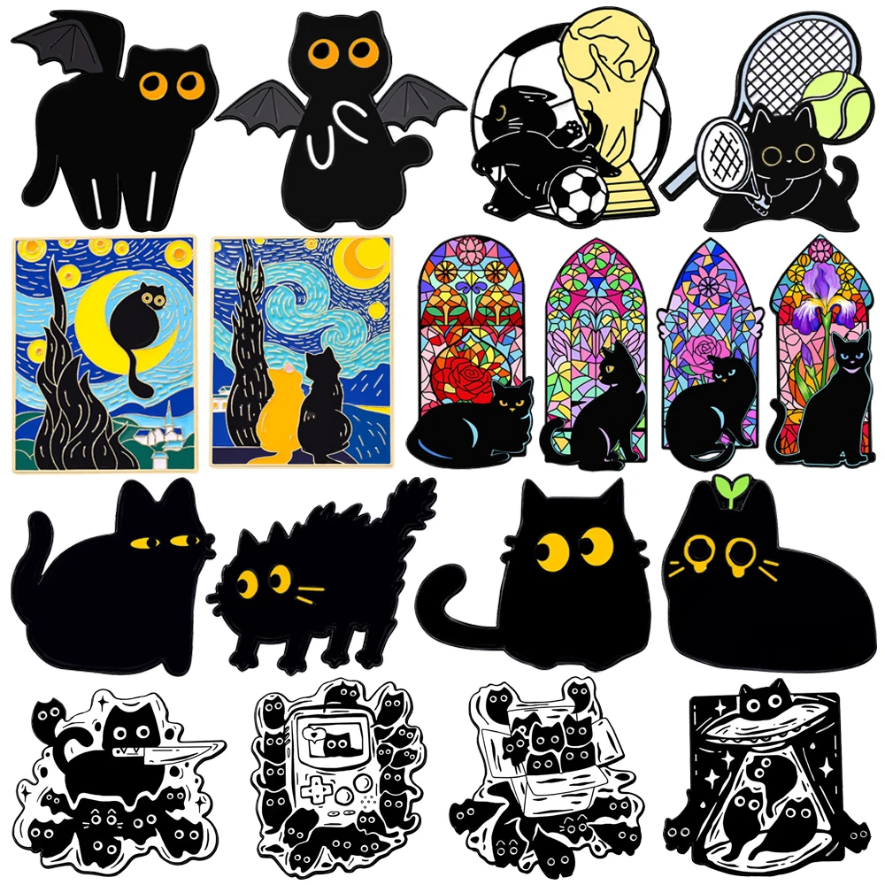 Cartoon Black Cat Enamel Brooch Lapel Pin Bat Baseball Cap Paint Window Game Console Badminton Knife Animal Badge Jewelry Gift