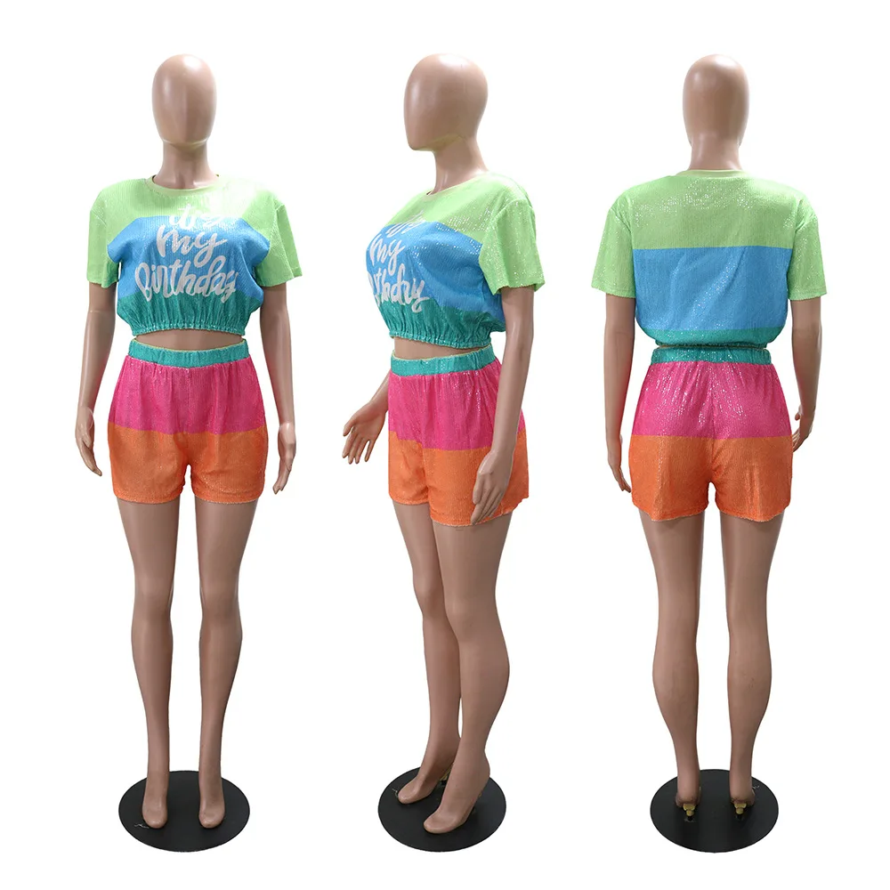 アフリカ服ダシキアフリカ服女性用夏のファッション半袖-o-ネックポリエステルトップショートパンツマッチングセット