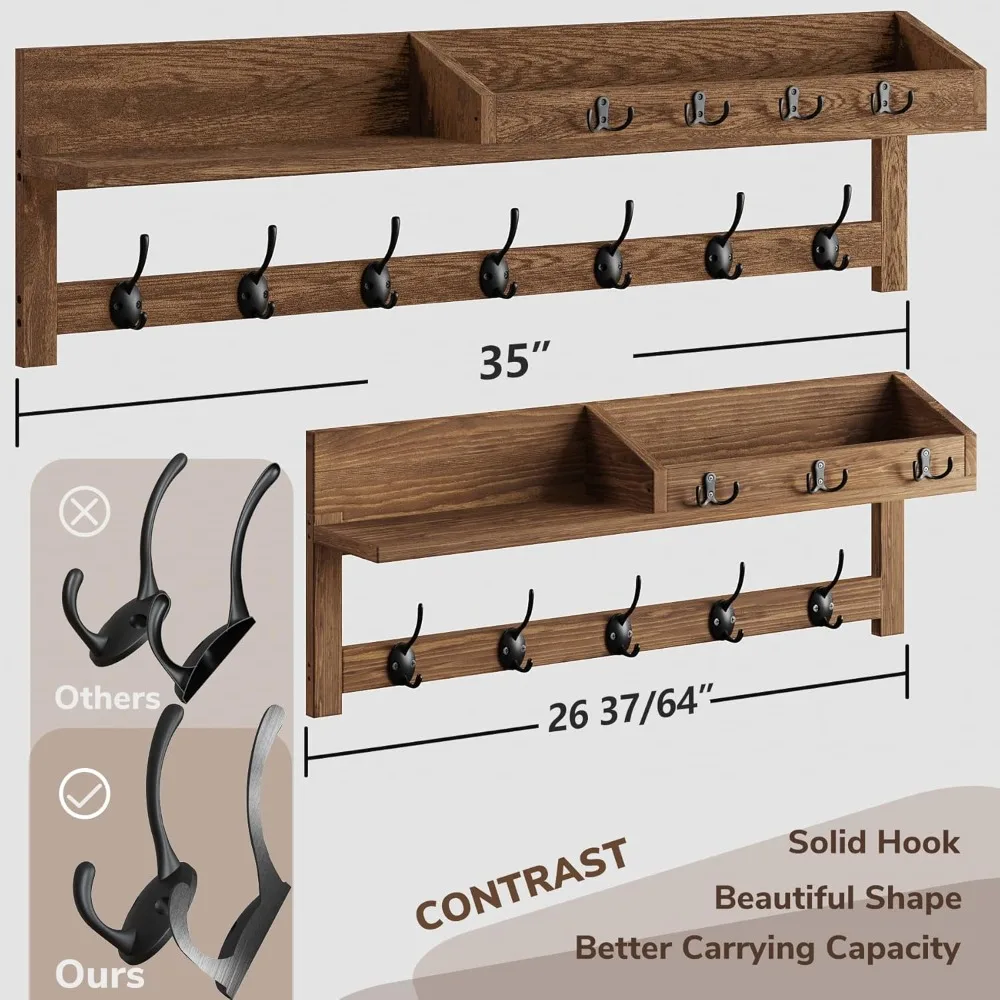 حامل معطف AMBIRD مثبت على الحائط، خطافات حائط كبيرة مقاس 35 بوصة مع رف، رف المدخل مع 7 خطافات معطف مزدوجة و4 خطافات مفاتيح لتنظيم البريد