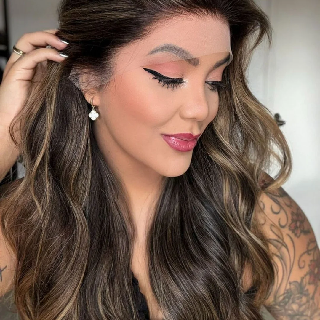 فاخر طويل طول الاصطناعية الدانتيل الباروكات أمامي الجسم موجة HD الدانتيل الشفاف الباروكات تسليط الضوء على الشوكولاته براون الباروكات زي امرأة #1