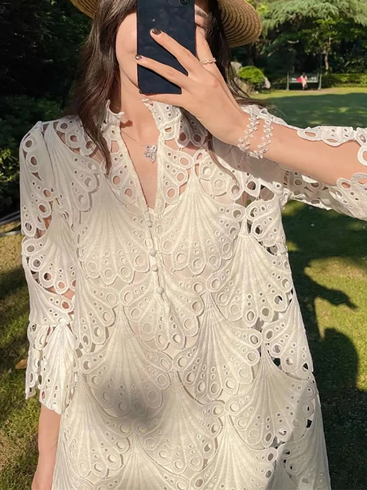 Summer Dress for Women French Style Hollow Lace 3D Embroidery Elegant Women Dress O-neck Loose Vacation Mini