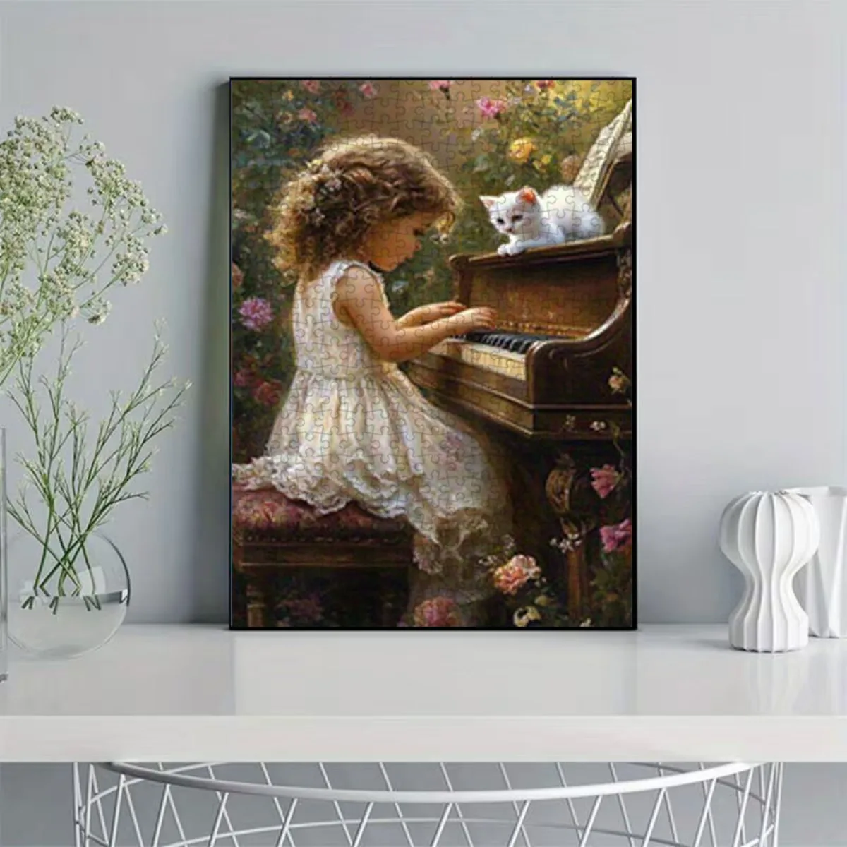 จิ๊กซอว์ 1000 ชิ้น ลายสาววินเทจเล่นเปียโนกับแมวขาว - ชิ้นส่วนมีหมายเลข สำหรับผู้ใหญ่และครอบครัว งานศิลปะติดผนังขนาดใหญ่