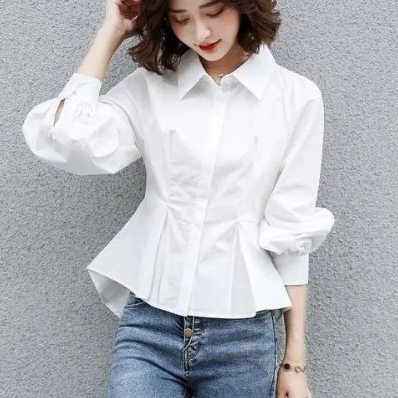 2024 Korean Fashion Commute Spring Autumn New Blouses Women Solid Color Spliced Ruched Asymmetric Button Slim Long Sleeve Shirts