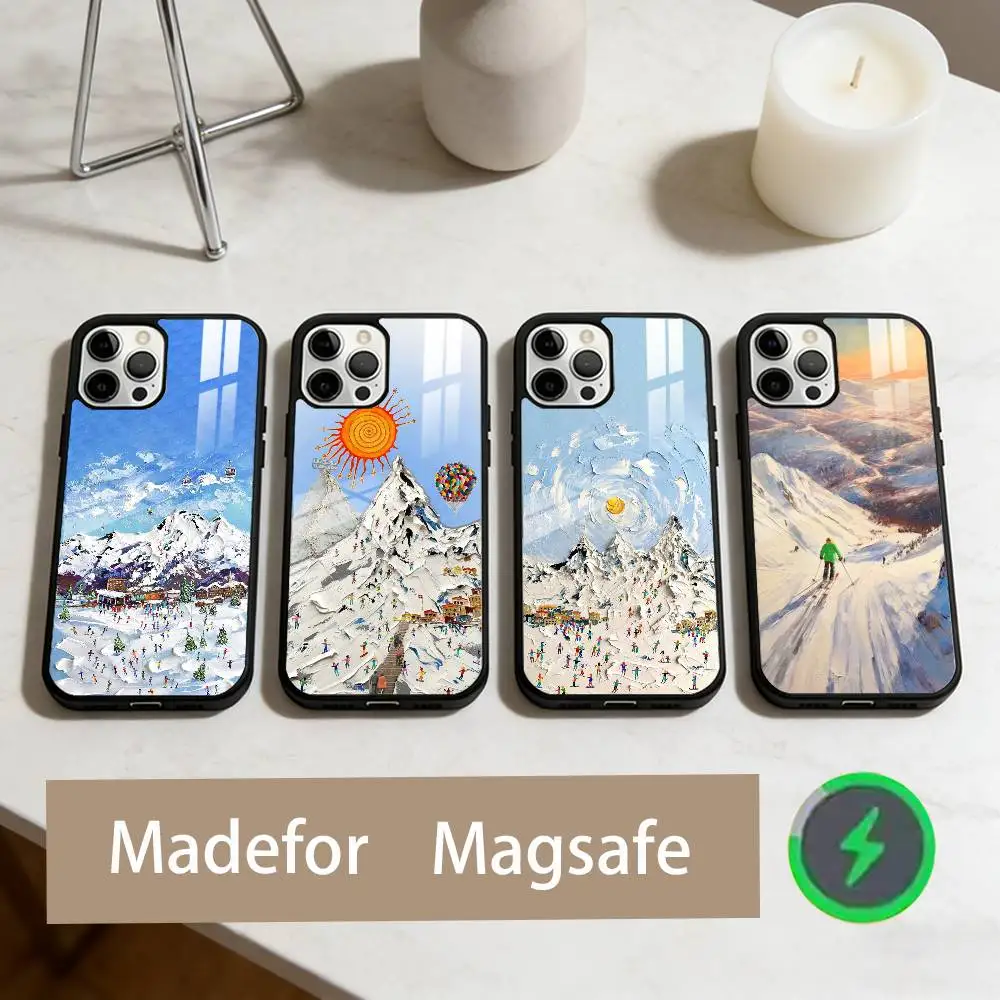 

Oil Painting Snow Mountain Skiing Phone Case For iPhone17,16,15,14,13,12,11 Plus,Pro Max Magnetic For Magsafe Wireless Charging