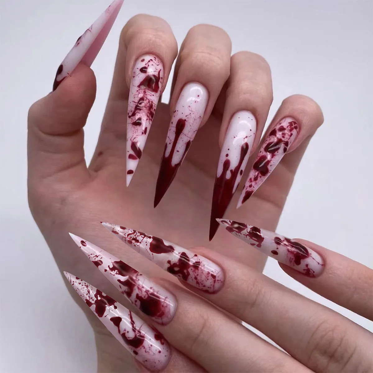 24Pcs Red Halloween Long False Nails Full Cover Stiletto Almond 3D Blood Design Nails Art Full Cover Manicure Press on Nail Tips