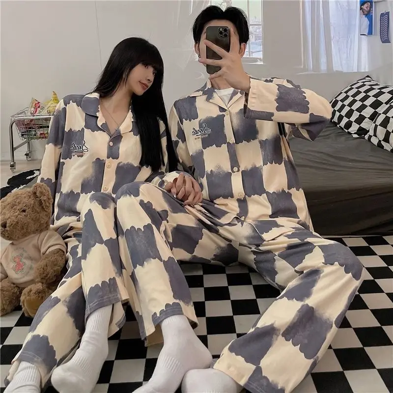 New Couples Pajamas Spring and Fall Students Long-sleeved Men\'s Cardigan Fashion Simple Plaid Homewear Women Pajamas Set