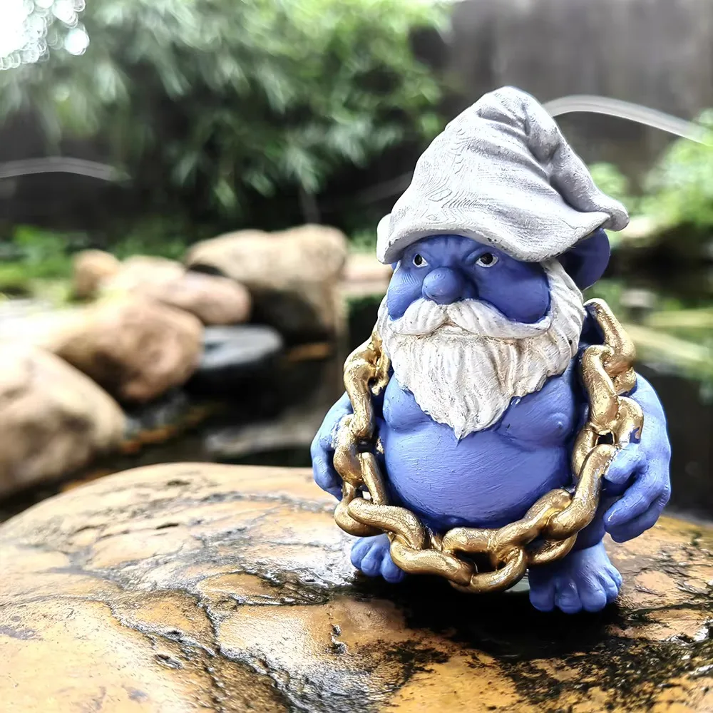 Gnome Gordo Azul com Corrente de Ouro Engraçado Resina Artesanato, Bonito Jardim Ornamento, Estátua Anão Decorativa, Sala de estar
