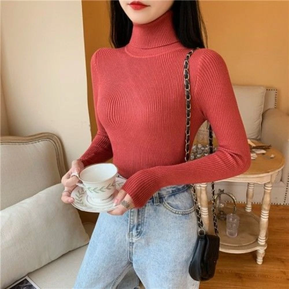 

Long Sleeve Foldover Turtleneck Sweater Elastic Slim Basic Knitted Pullover All-Match Simple Classic Lady Knitwear Autumn Winter