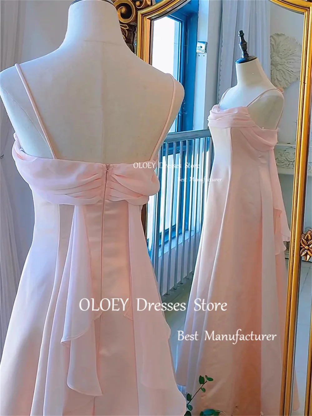 OLOEY A Line Prom Dress Spaghetti Straps pieghe abito da sera in raso lunghezza del pavimento rosa bianco blu donne corsetto abito da festa di nozze