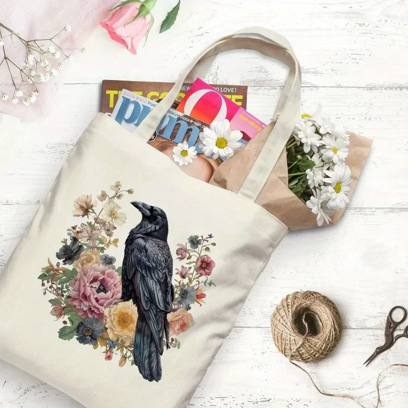 1pc Raven and Flowers Pattern Canvas Tote Bags Stylish and Spacious Shoulder Bag for Travel and Shopping Friend Student Gift