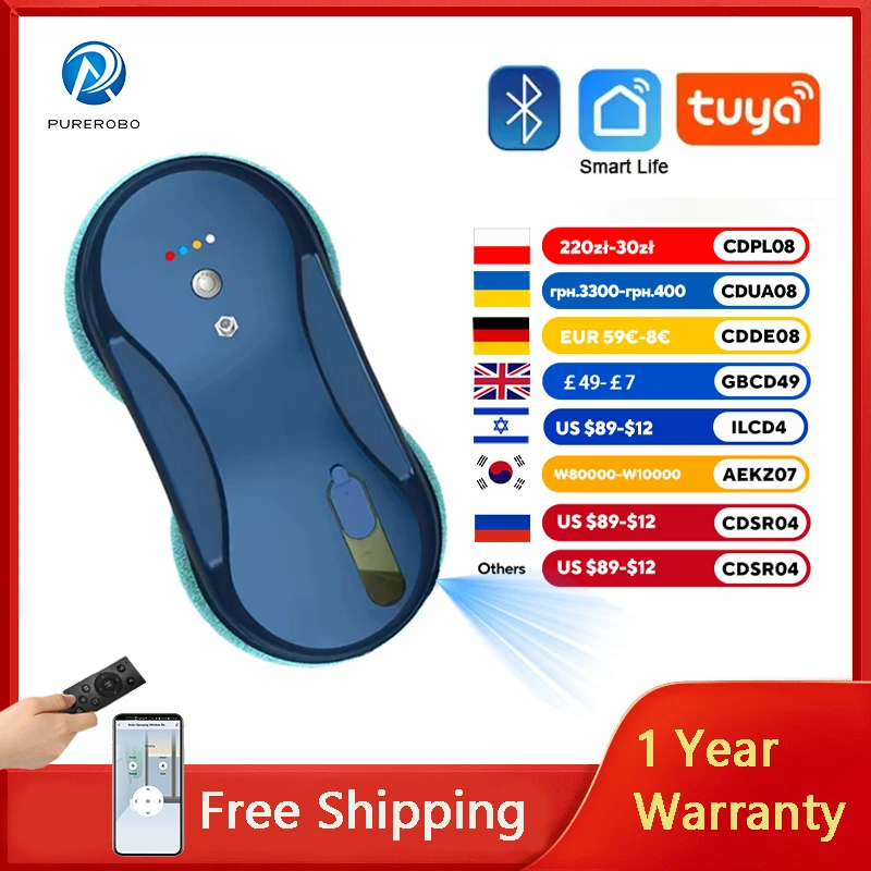Window Cleaning Robot Purerobo W-R3S With APP & Remote Control Smart Automatic Water Spray Glass Electric Window Cleaner Robot