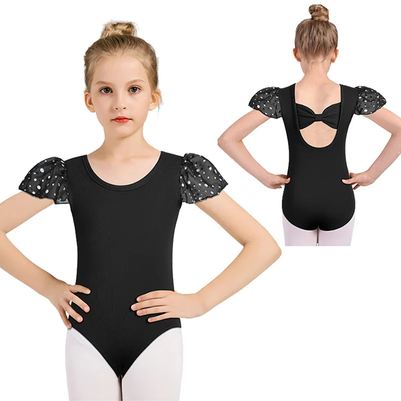 الفتيات فريق الأساسية الباليه ملابس رقص الجمباز لفتاة الجمباز قمم مع الأكمام كشكش مشرقة وجميلة القوس الخلفي ثياب الرقص