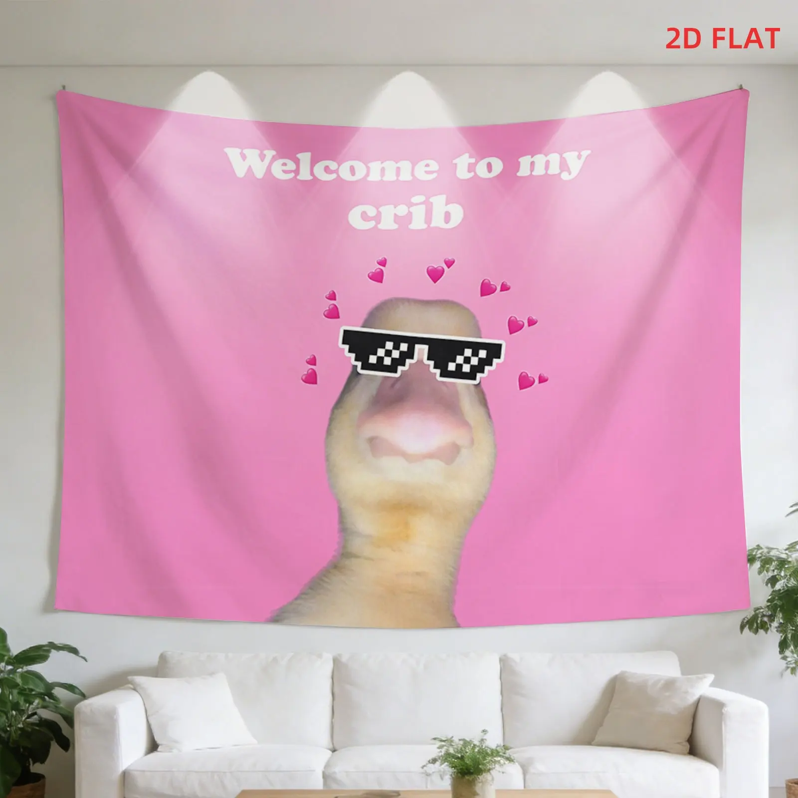 2D Flat  [2D Flat Printing] Large Size Pattern Printing Tapestry  Welcome To My Crib Duck With Sunglasses Pixel Hearts Pink Back
