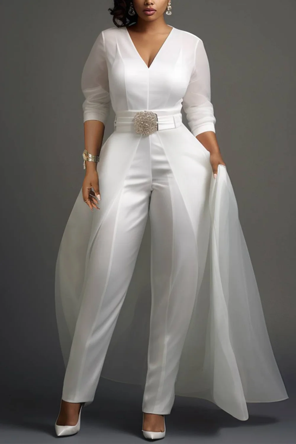 Plus Size Wedding Organza White Elegant V Neck 3/4 Sleeve Detachable Overskirt Pocket Satin Jumpsuits