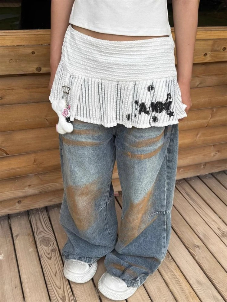 

Summer Lace Print Cute Knitted Skirts Y2k High Waist Ruched A-line Skirt for Women 2025 New Fashion All-match Faldas Mujer