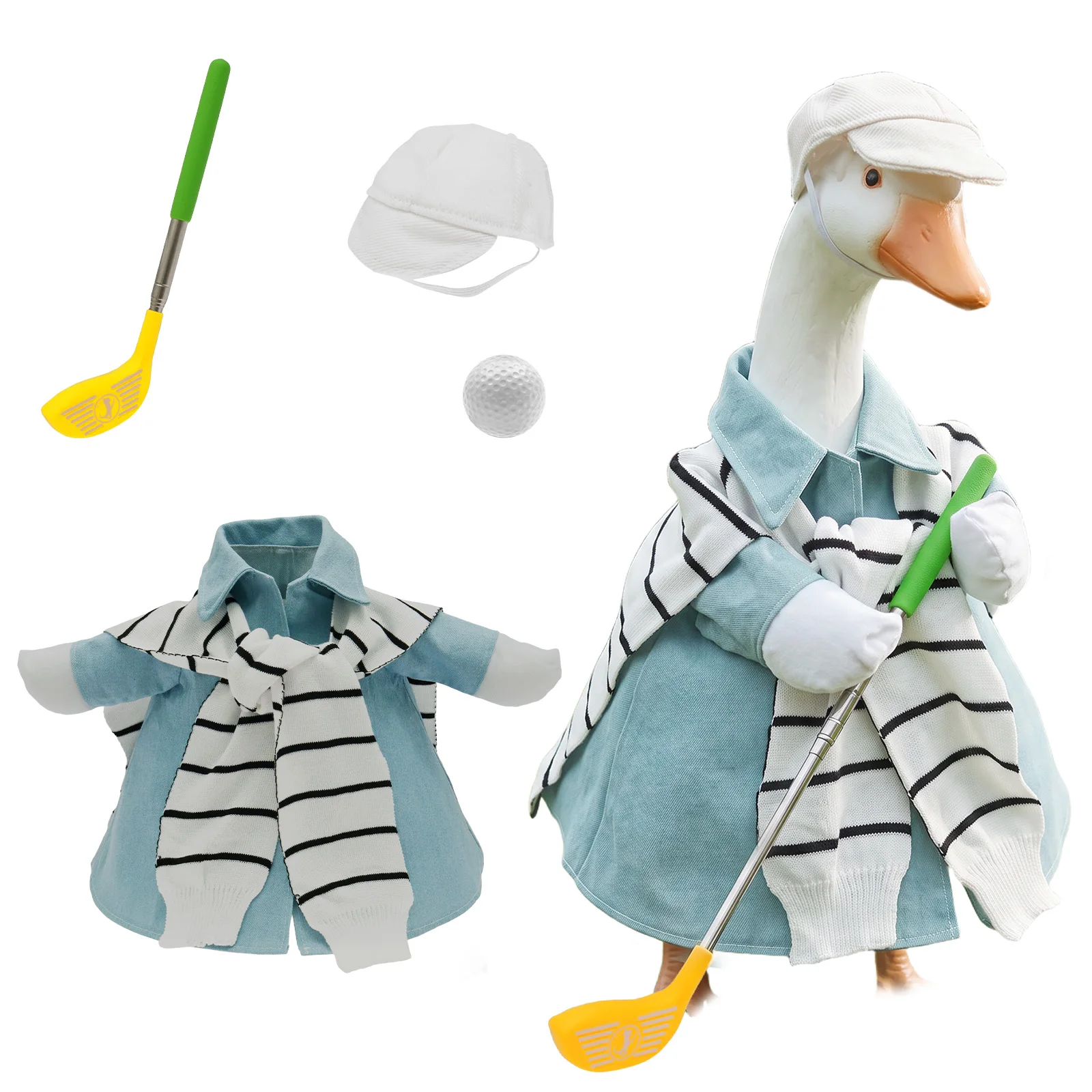 23 Inch Porch Goose Statue Outfit Set Raincoat/Denim Golf Design Goose Dress Up Accessory for Garden Yard Lawn Patio Decoration