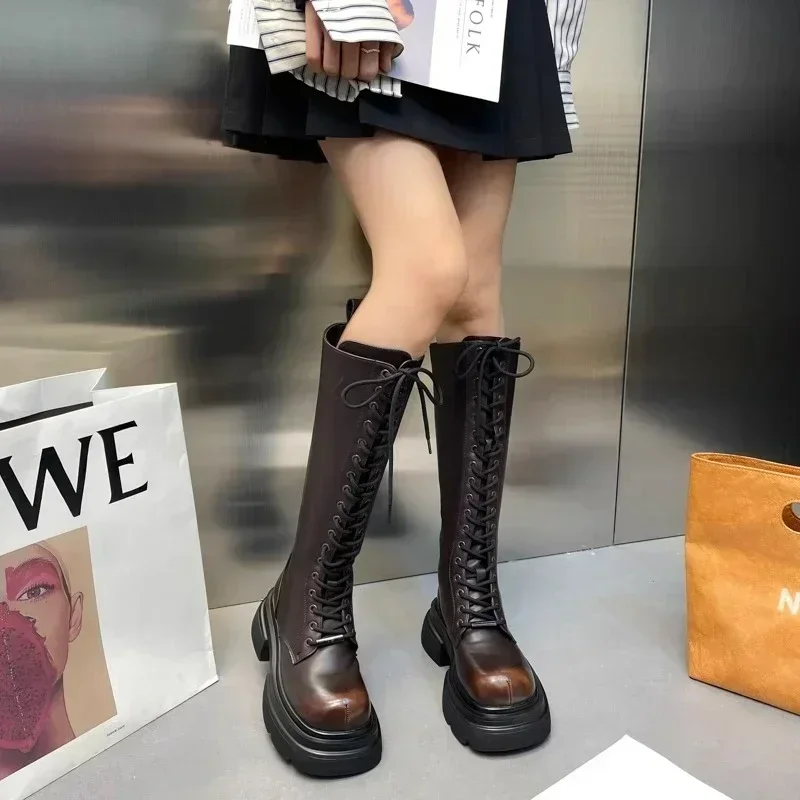 

Women's High Boots Front Lacing High Tube Middle Follow Thick Sole Fashion Boots Solid Color Round Head Platform Shoes Commuting