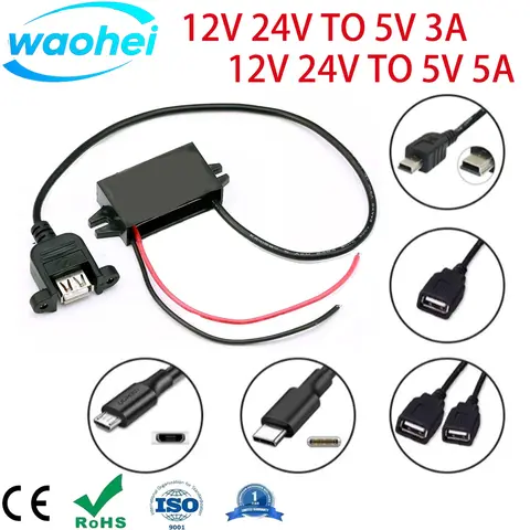 DC-DC 12V 24V to 5V 3A 5A 25W Car Power Converter Type-C USB Step Down Voltage Power Output Adapter with Reverse Protection CE