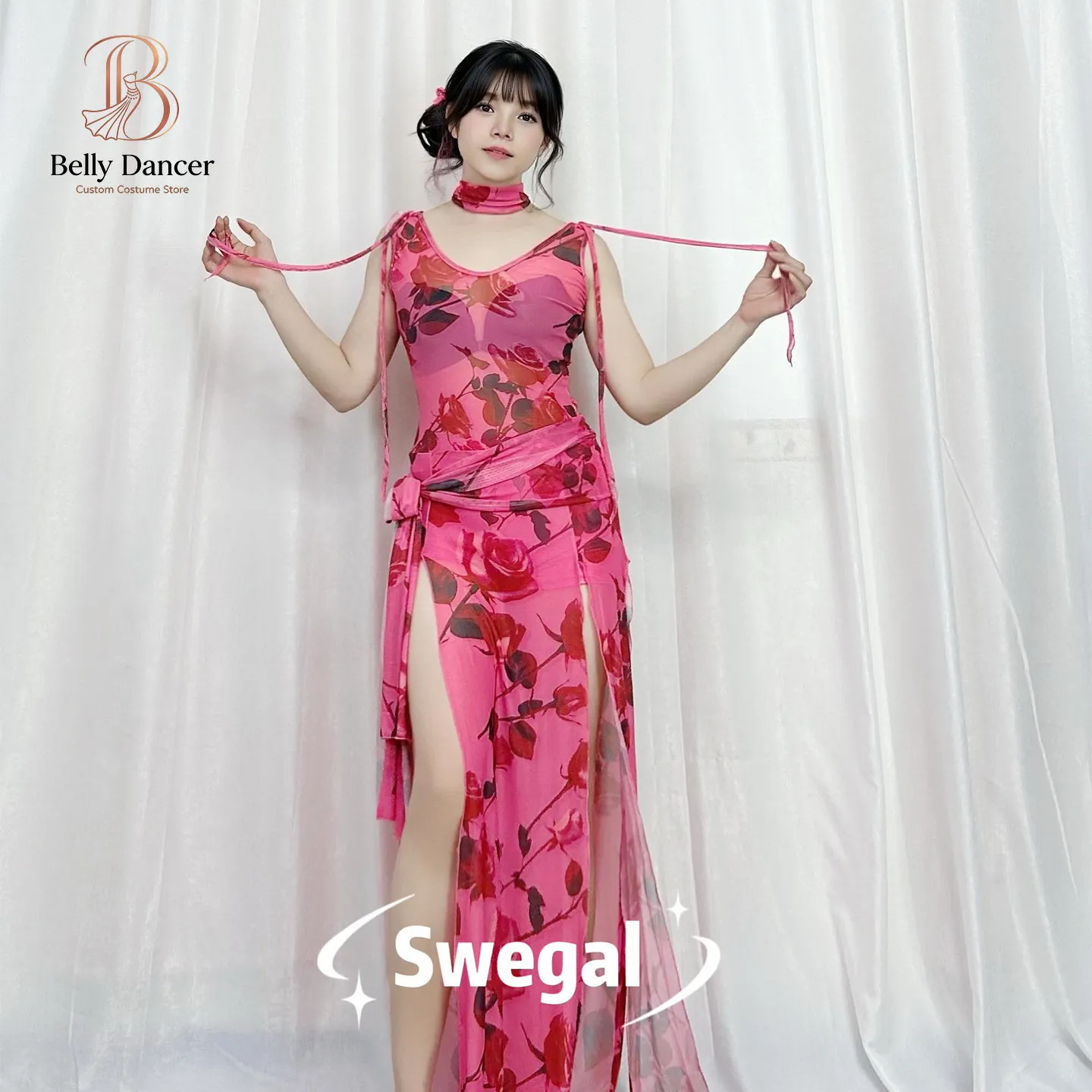 Customized Belly Dancewear Practice Dress Rose Pink Printed Mesh Robe Baladi Folk Style Four Piece Set Bellydance Costumes