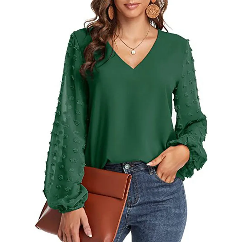 Solid Women Blouse 2023 Spring Fashion V Neck Long Sleeve Elegant Office Work Shirts Tops Lady Casual Chiffon Mesh Blouses