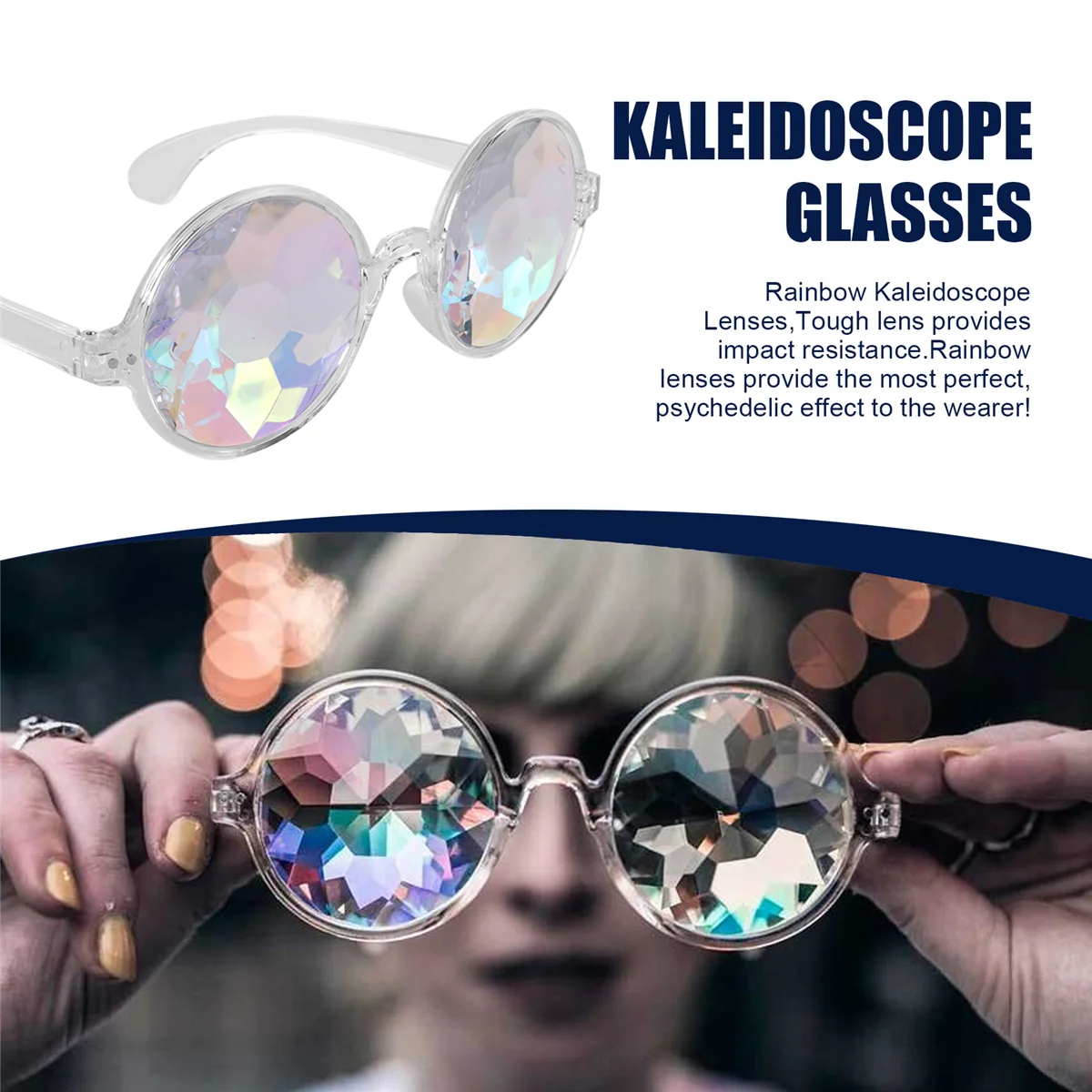 ABQR Kaleidoscope Glasses Rave Festival Party Sunglasses Diffracted Lens-Transparent