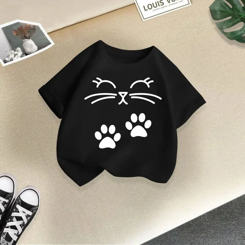 Summer New Cute Cat Animal Print Round Neck Short Sleeved Tee Shirt for Boys and Girls Fashionable and Simple Children's T-shirt