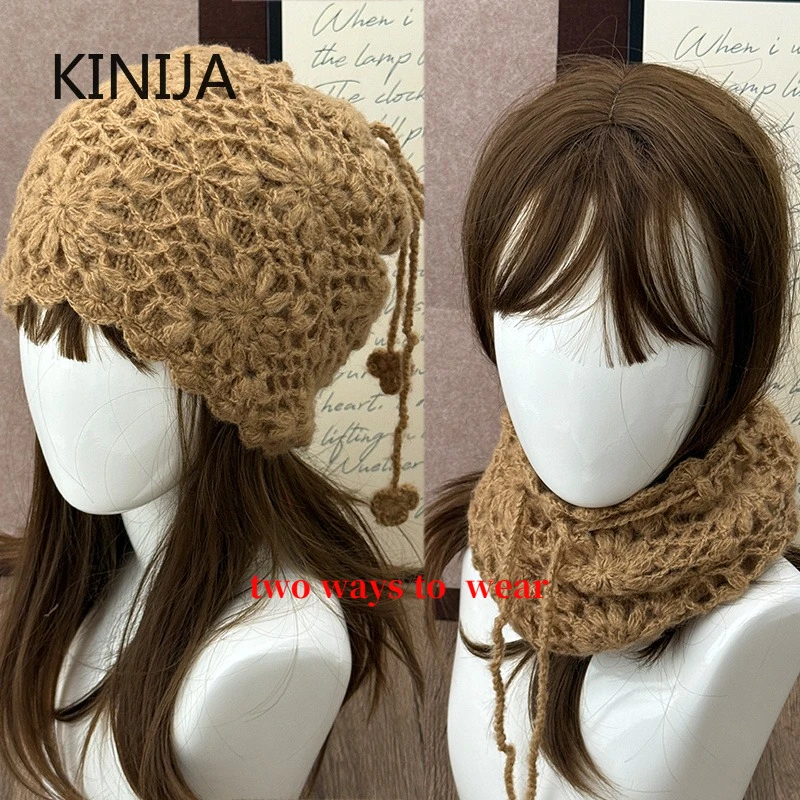 Handgemachter Häkelschal mit integrierter Strickmütze für Damen, Herbst-Winter, warmer Nackenschutz, Pullover mit Kordelzug, Beanie-Mütze.