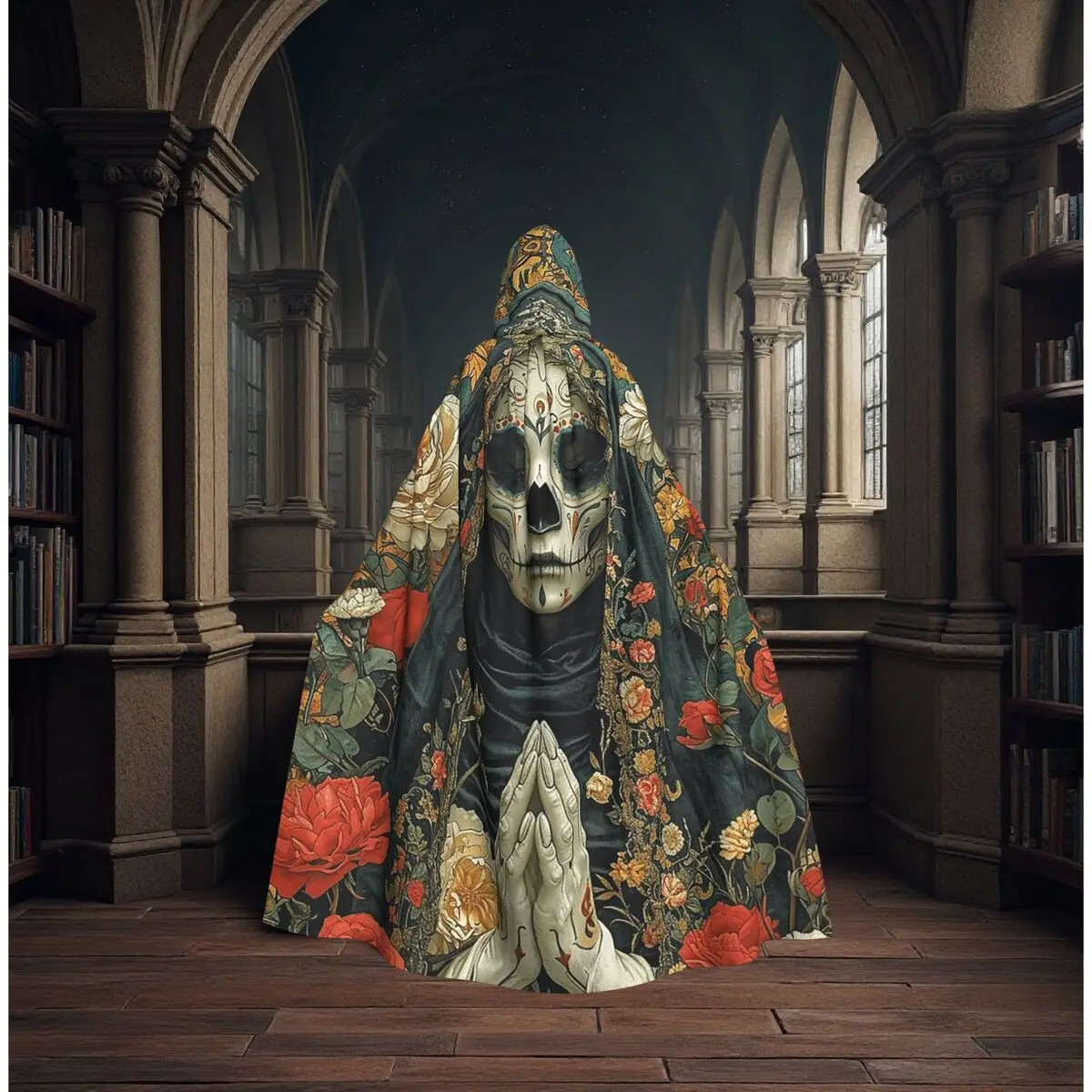 Capa Larga con Capucha de Santa Muerte con Corona Floral y Maquillaje de Calavera, Disfraz Medieval de Bruja, Capa de Cosplay para Fiesta de Halloween, Unisex